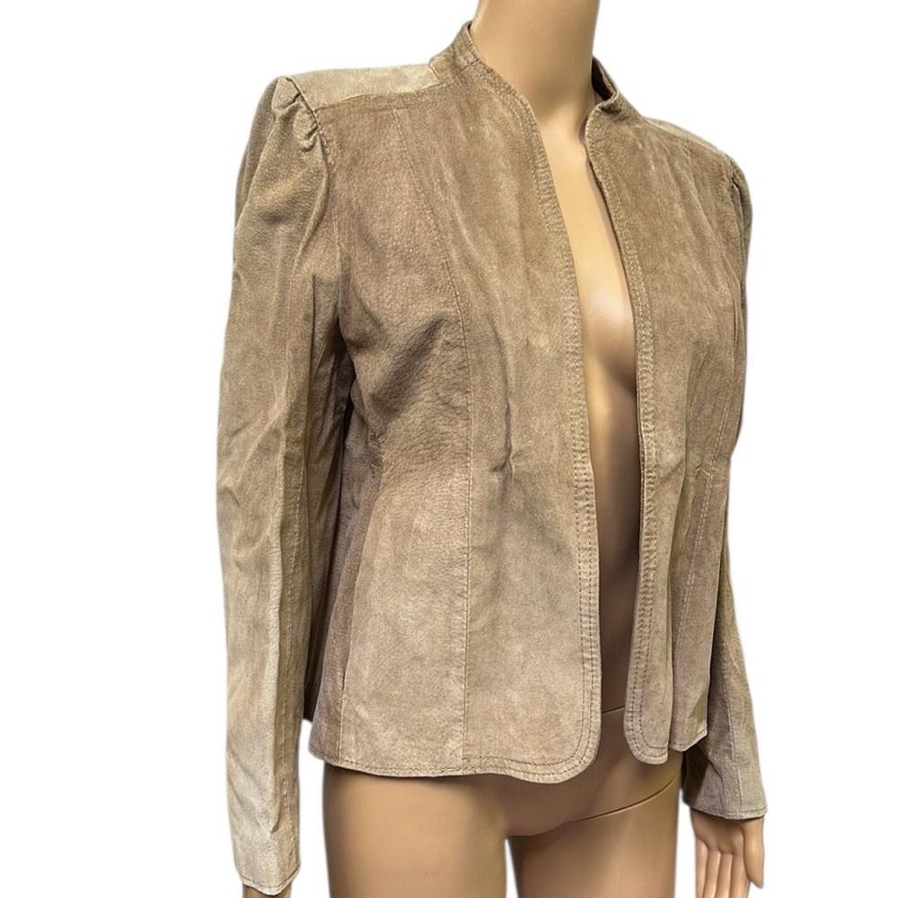 Vintage Suede Tan Open Front Pocket Jacket Puff Sleeve Womens Juniors 9 10